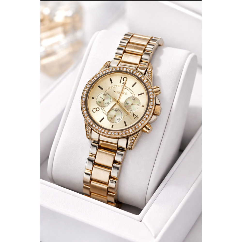 Style & Co Womens Gold & Silver Tone Stainless Steel Watch Crystal Bezel